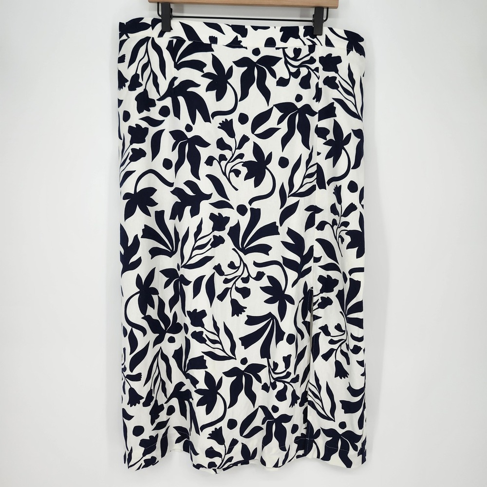 Navy Floral‎ Linen Blend Midi Skirt Womens XXL Resort Vacation Beachy Coastal